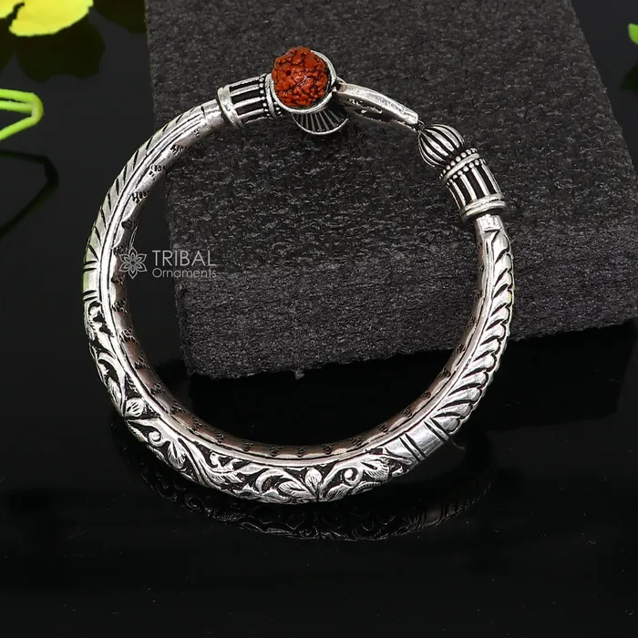 TRIBAL ORNAMENTS Bracelets 925 Sterling silver handmade Vintage style chitai work Lord Shiva trident trishul kada bangle bracelet with Rudraksha customized kada nsk767