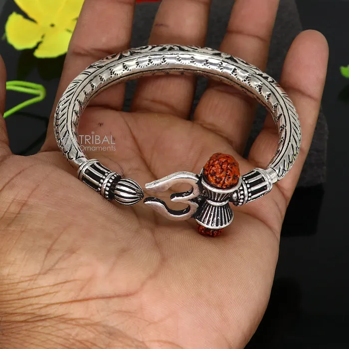 TRIBAL ORNAMENTS Bracelets 925 Sterling silver handmade Vintage style chitai work Lord Shiva trident trishul kada bangle bracelet with Rudraksha customized kada nsk767