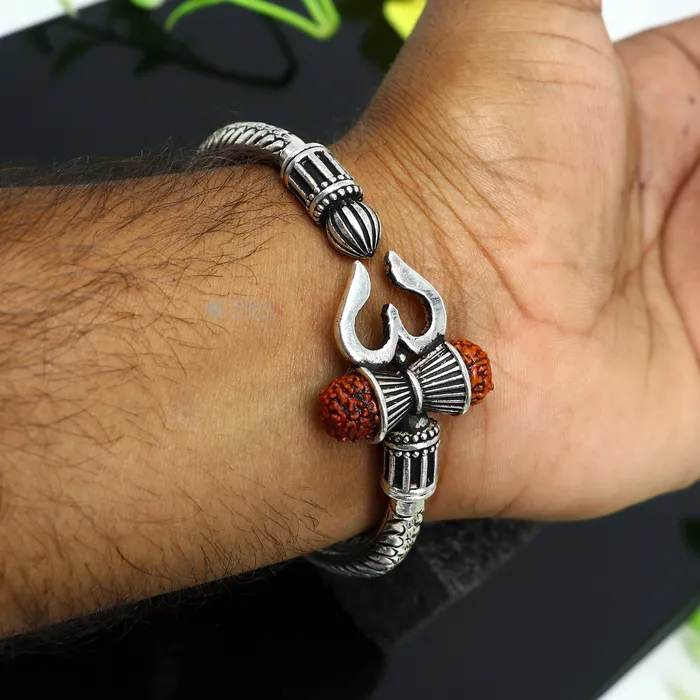 TRIBAL ORNAMENTS Bracelets 925 Sterling silver handmade Vintage style chitai work Lord Shiva trident trishul kada bangle bracelet with Rudraksha customized kada nsk767