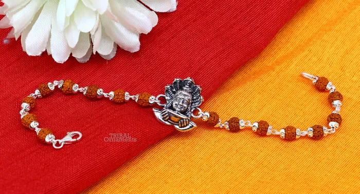 TRIBAL ORNAMENTS Bracelets Lord Shiva and Sheshnag 925 Sterling silver Rakhi bracelet Rrudrakha and silver beads best gift for your brothers for special gifting rk229