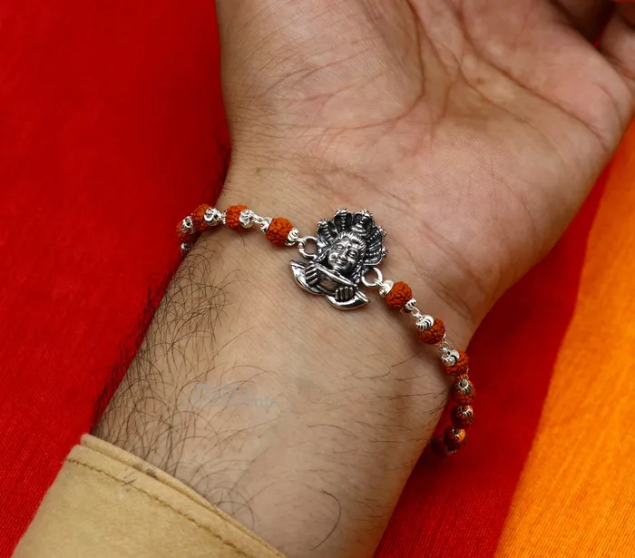 TRIBAL ORNAMENTS Bracelets Lord Shiva and Sheshnag 925 Sterling silver Rakhi bracelet Rrudrakha and silver beads best gift for your brothers for special gifting rk229