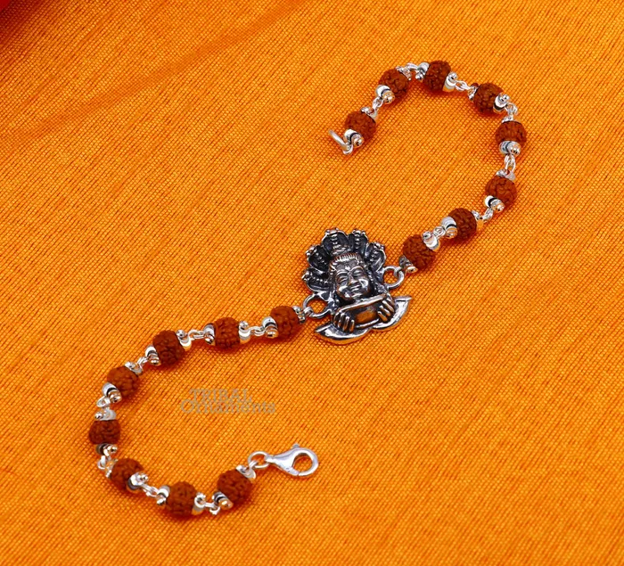 TRIBAL ORNAMENTS Bracelets Lord Shiva and Sheshnag 925 Sterling silver Rakhi bracelet Rrudrakha and silver beads best gift for your brothers for special gifting rk229
