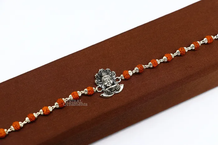 TRIBAL ORNAMENTS Bracelets Lord Shiva and Sheshnag 925 Sterling silver Rakhi bracelet Rrudrakha and silver beads best gift for your brothers for special gifting rk229