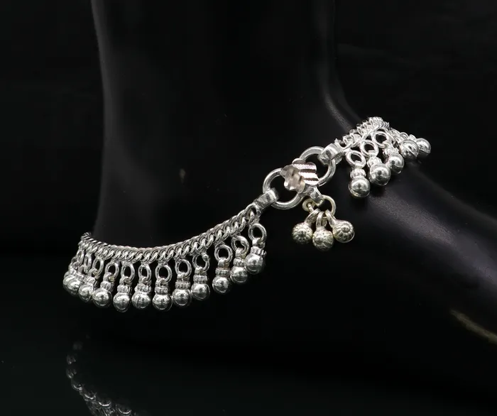 TRIBAL ORNAMENTS Bracelets Solid sterling silver customized waved jingling bells anklets gorgeous tribal belly dance elegant anklets foot bracelet noisy anklet ank329