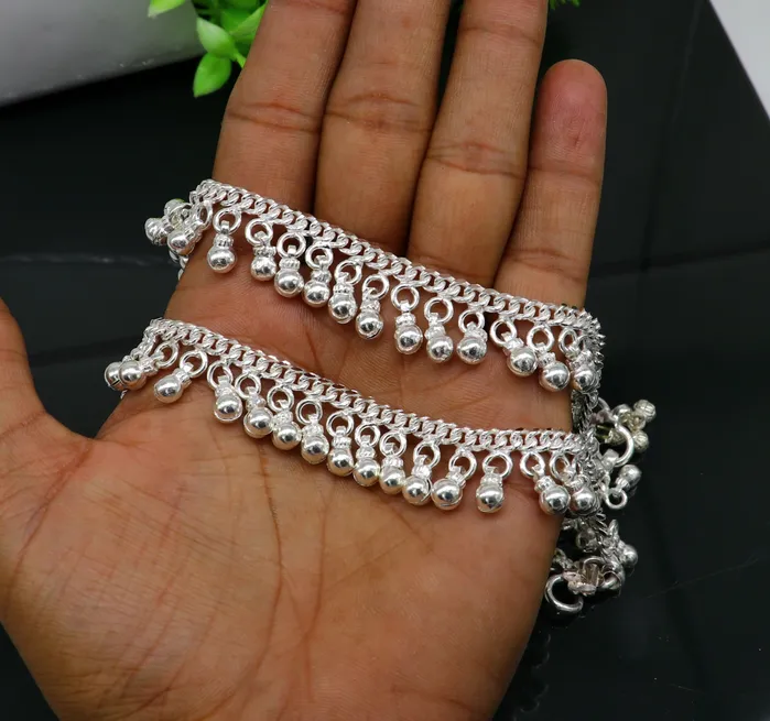 TRIBAL ORNAMENTS Bracelets Solid sterling silver customized waved jingling bells anklets gorgeous tribal belly dance elegant anklets foot bracelet noisy anklet ank329