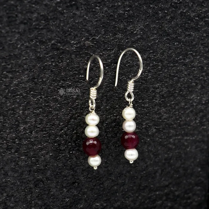 TRIBAL ORNAMENTS Earrings 925 Sterling silver handmade fabulous Hoops earrings with gorgeous pearls stone stylish light weight delicate jewelry from india s1207