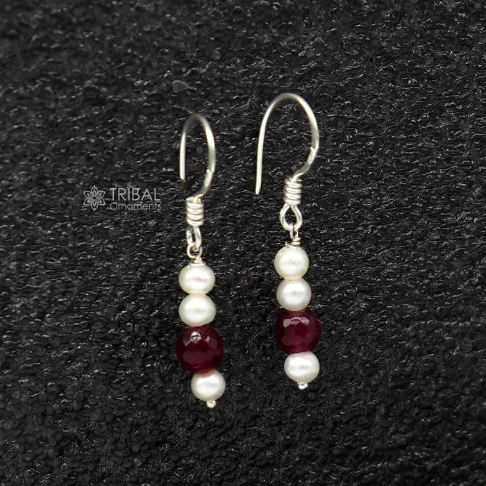 TRIBAL ORNAMENTS Earrings 925 Sterling silver handmade fabulous Hoops earrings with gorgeous pearls stone stylish light weight delicate jewelry from india s1207