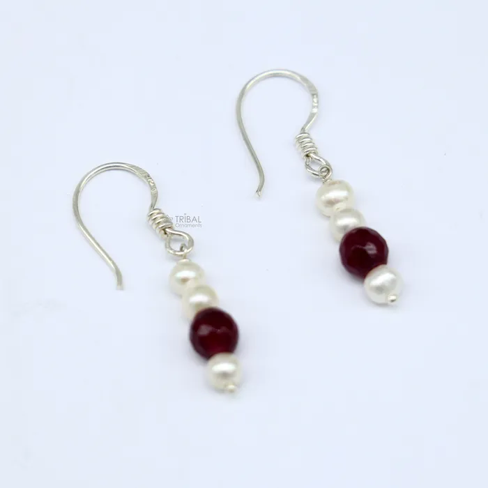 TRIBAL ORNAMENTS Earrings 925 Sterling silver handmade fabulous Hoops earrings with gorgeous pearls stone stylish light weight delicate jewelry from india s1207