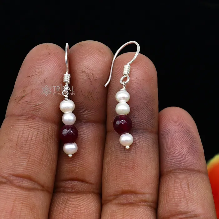 TRIBAL ORNAMENTS Earrings 925 Sterling silver handmade fabulous Hoops earrings with gorgeous pearls stone stylish light weight delicate jewelry from india s1207
