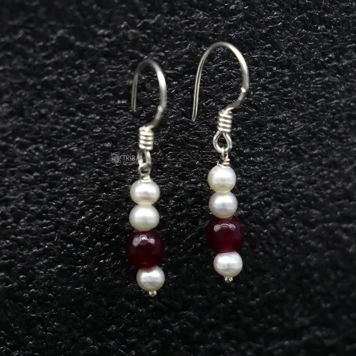 TRIBAL ORNAMENTS Earrings 925 Sterling silver handmade fabulous Hoops earrings with gorgeous pearls stone stylish light weight delicate jewelry from india s1207