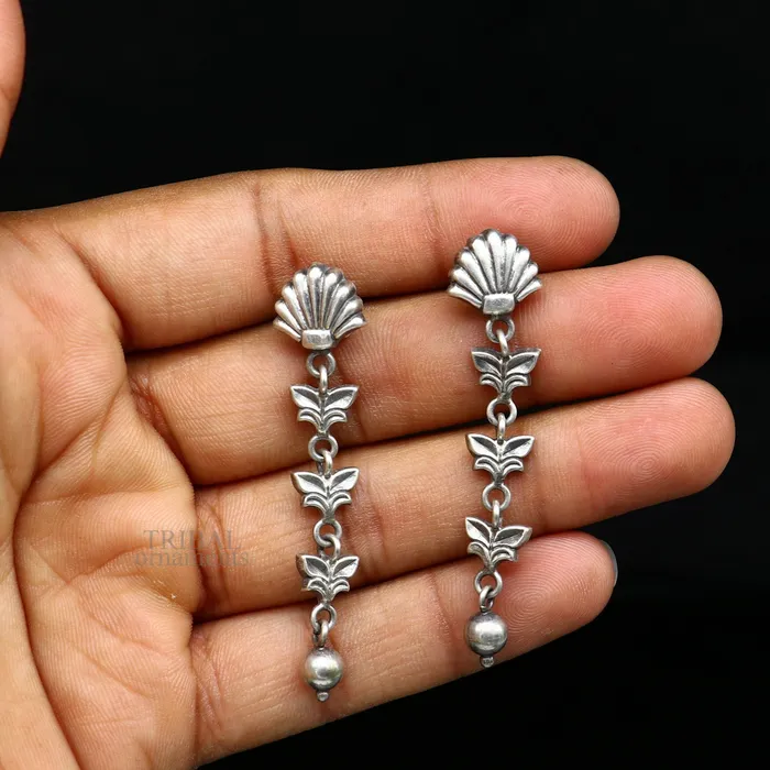 TRIBAL ORNAMENTS Earrings 925 sterling silver handmade floral design drop dangle long light weight fancy girls earring brides jewelry from india ear1142