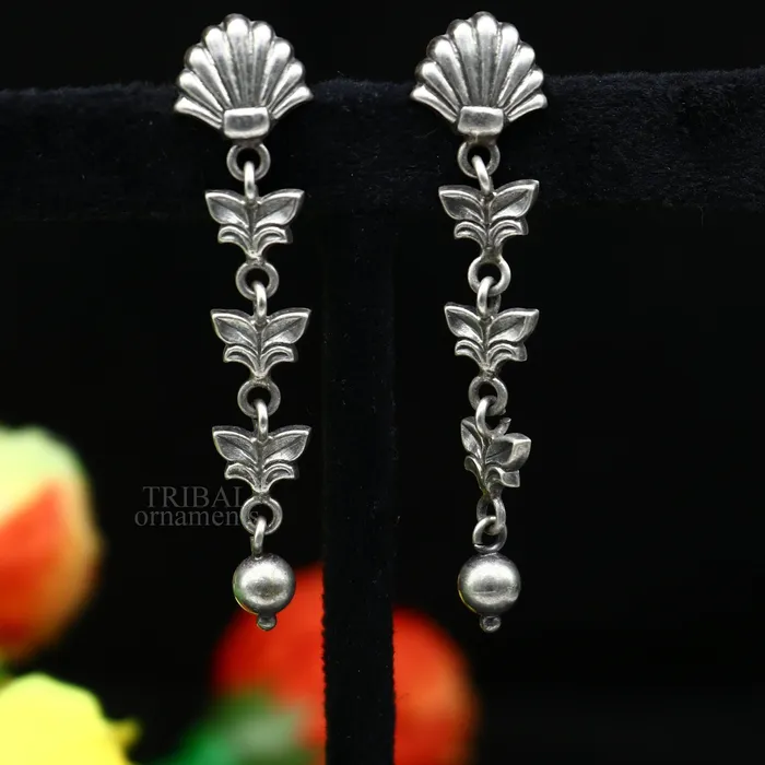 TRIBAL ORNAMENTS Earrings 925 sterling silver handmade floral design drop dangle long light weight fancy girls earring brides jewelry from india ear1142