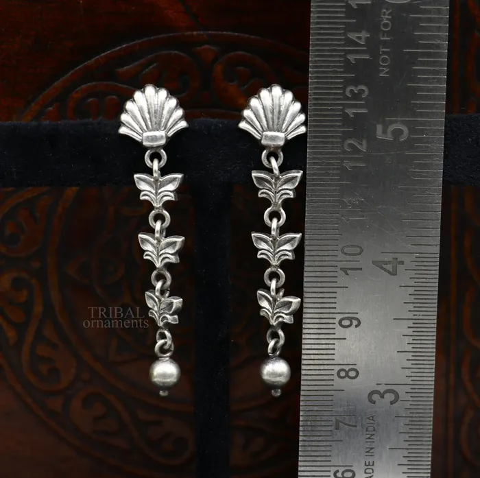 TRIBAL ORNAMENTS Earrings 925 sterling silver handmade floral design drop dangle long light weight fancy girls earring brides jewelry from india ear1142