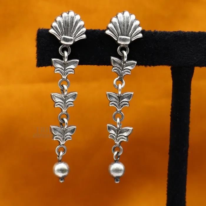 TRIBAL ORNAMENTS Earrings 925 sterling silver handmade floral design drop dangle long light weight fancy girls earring brides jewelry from india ear1142