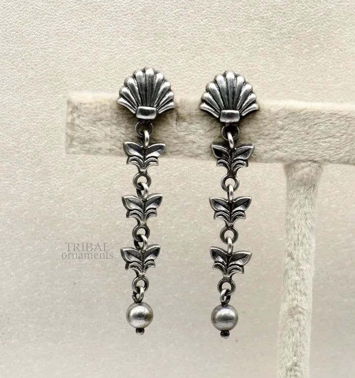 TRIBAL ORNAMENTS Earrings 925 sterling silver handmade floral design drop dangle long light weight fancy girls earring brides jewelry from india ear1142