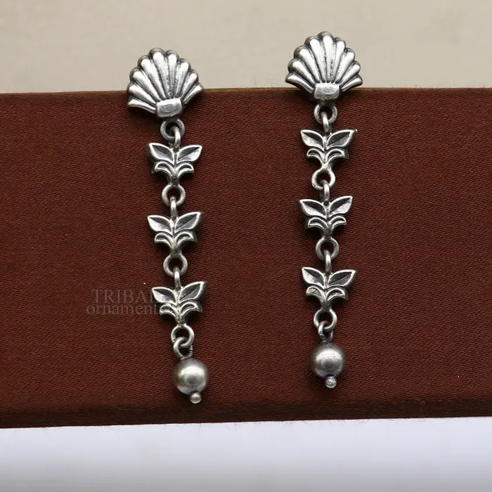 TRIBAL ORNAMENTS Earrings 925 sterling silver handmade floral design drop dangle long light weight fancy girls earring brides jewelry from india ear1142