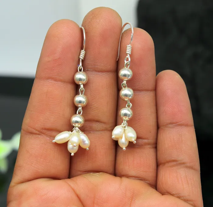 TRIBAL ORNAMENTS Earrings 925 sterling silver handmade hoops earring natural fresh water pearl earring amazing customized bridesmaid pearl drop dangle earring ear477