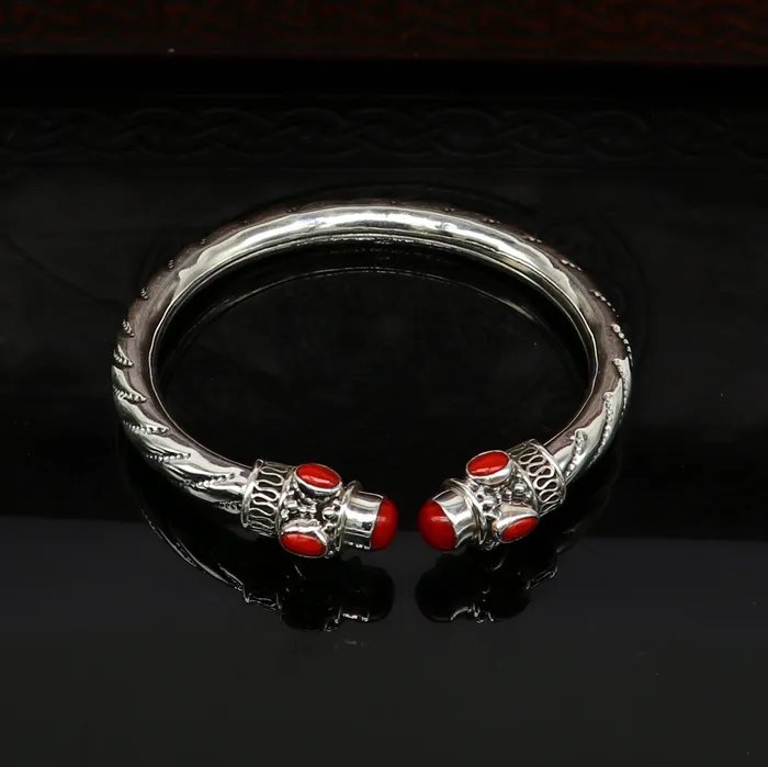 TRIBAL ORNAMENTS Exclusive red coral stone customized 925 sterling silver mens and womens bangle cuff bracelet gorgeous gifting jewelry india nssk313 Bracelets