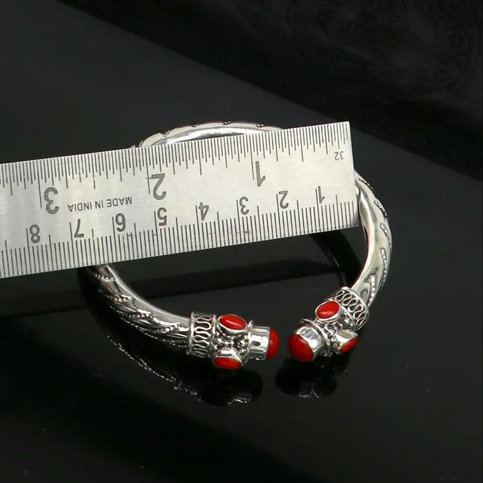 TRIBAL ORNAMENTS Exclusive red coral stone customized 925 sterling silver mens and womens bangle cuff bracelet gorgeous gifting jewelry india nssk313 Bracelets