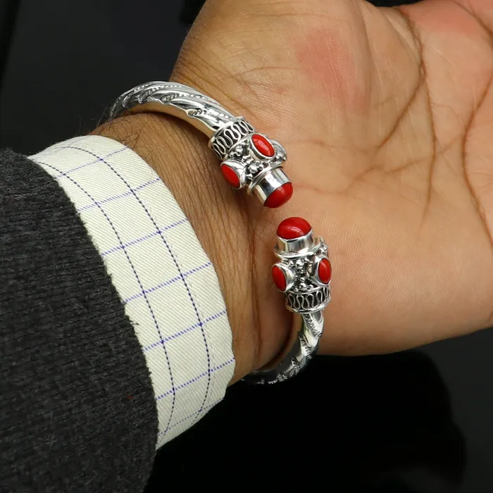 TRIBAL ORNAMENTS Exclusive red coral stone customized 925 sterling silver mens and womens bangle cuff bracelet gorgeous gifting jewelry india nssk313 Bracelets