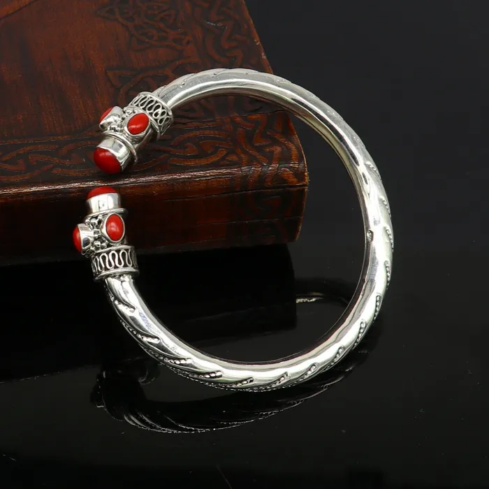 TRIBAL ORNAMENTS Exclusive red coral stone customized 925 sterling silver mens and womens bangle cuff bracelet gorgeous gifting jewelry india nssk313 Bracelets
