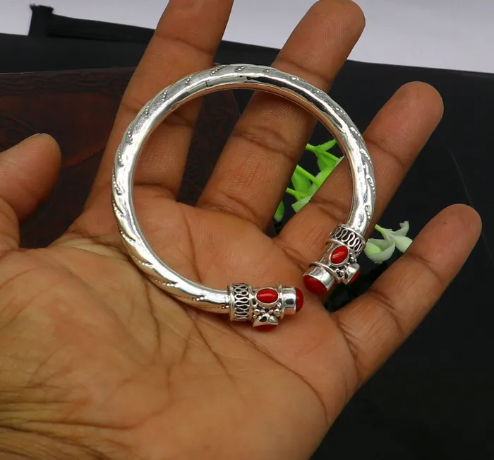TRIBAL ORNAMENTS Exclusive red coral stone customized 925 sterling silver mens and womens bangle cuff bracelet gorgeous gifting jewelry india nssk313 Bracelets