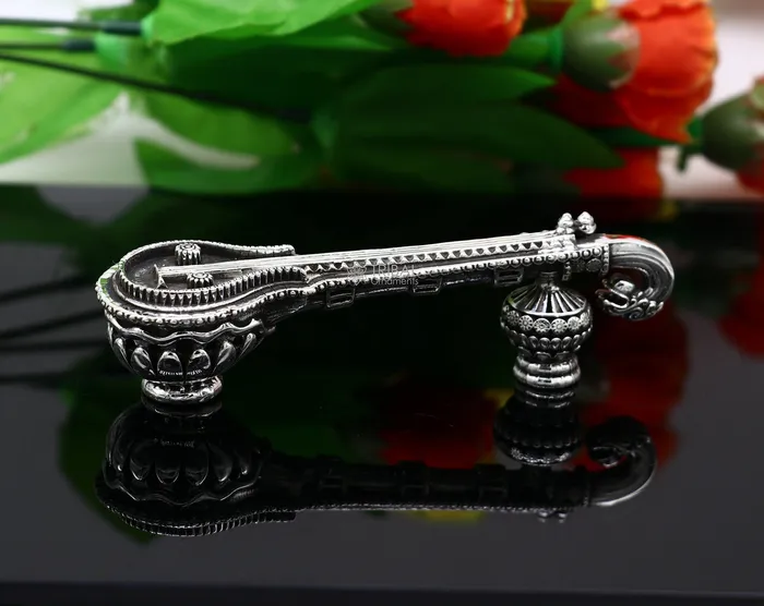 TRIBAL ORNAMENTS Necklaces 45 Maa Saraswati Veena 925 sterling silver musical instrument Veena for Goddess Sharda best gifting puja article for Hindu temple art622 TRIBAL ORNAMENTS Necklaces 45 Maa Saraswati Veena 925 sterling silver musical instrument Veena for Goddess Sharda best gifting puja article for Hindu temple art622