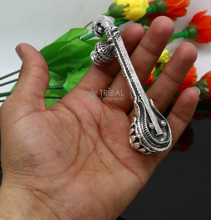 TRIBAL ORNAMENTS Necklaces 45 Maa Saraswati Veena 925 sterling silver musical instrument Veena for Goddess Sharda best gifting puja article for Hindu temple art622