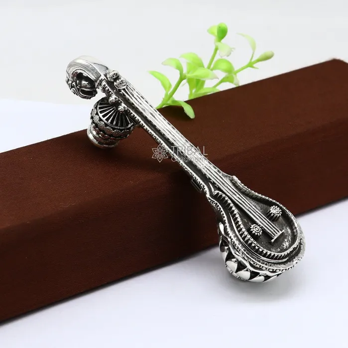 TRIBAL ORNAMENTS Necklaces 45 Maa Saraswati Veena 925 sterling silver musical instrument Veena for Goddess Sharda best gifting puja article for Hindu temple art622