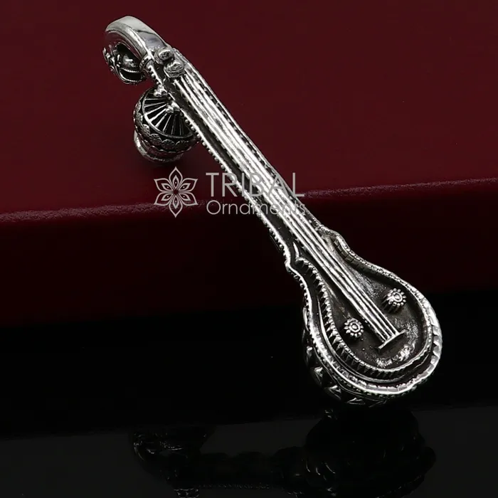 TRIBAL ORNAMENTS Necklaces 45 Maa Saraswati Veena 925 sterling silver musical instrument Veena for Goddess Sharda best gifting puja article for Hindu temple art622