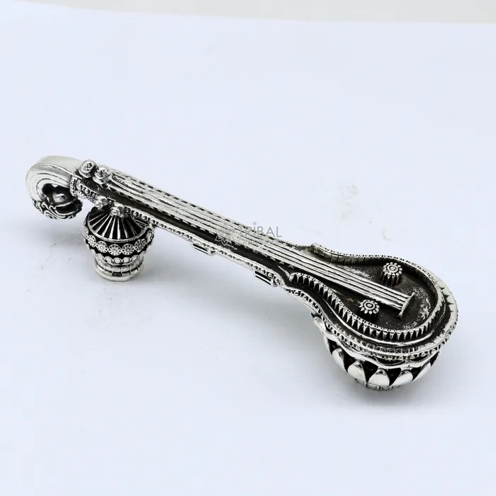 TRIBAL ORNAMENTS Necklaces 45 Maa Saraswati Veena 925 sterling silver musical instrument Veena for Goddess Sharda best gifting puja article for Hindu temple art622
