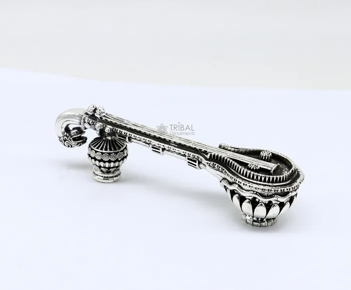 TRIBAL ORNAMENTS Necklaces 45 Maa Saraswati Veena 925 sterling silver musical instrument Veena for Goddess Sharda best gifting puja article for Hindu temple art622