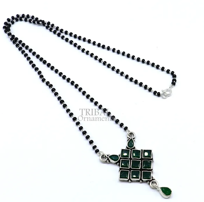 TRIBAL ORNAMENTS Necklaces 925 sterling silver black beads chain necklace Simple delicate stone pendant traditional style brides Mangalsutra chunky necklace ms09 TRIBAL ORNAMENTS Necklaces 925 sterling silver black beads chain necklace Simple delicate stone pendant traditional style brides Mangalsutra chunky necklace ms09