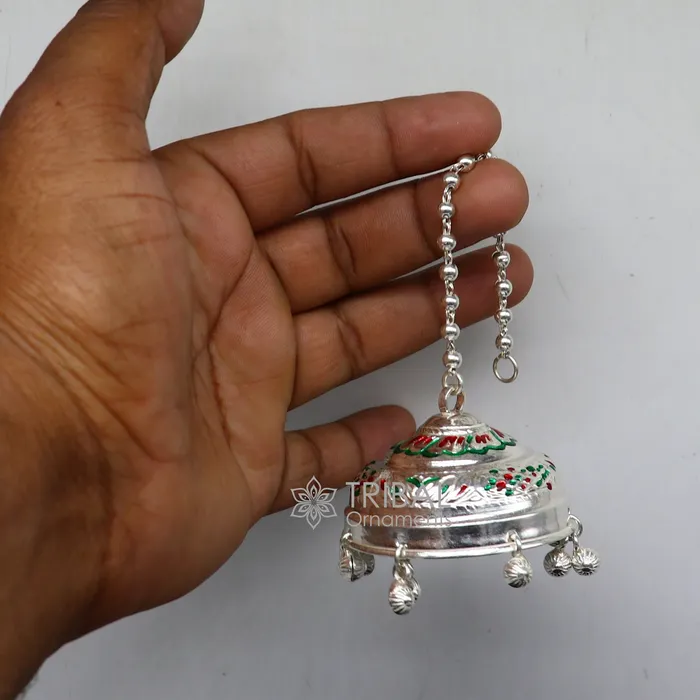 TRIBAL ORNAMENTS Necklaces 925 sterling Silver chatterchatar silver umbrella god temple art Silver chandelier for temple Puja worshipping utensils su1117