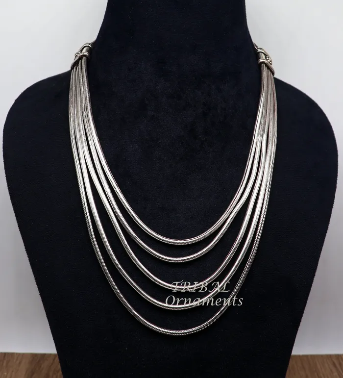 TRIBAL ORNAMENTS Necklaces 925 sterling silver fabulous smooth snake chain five strands multiline necklace jewelry vintage wedding charm layered necklace set517 TRIBAL ORNAMENTS Necklaces 925 sterling silver fabulous smooth snake chain five strands multiline necklace jewelry vintage wedding charm layered necklace set517