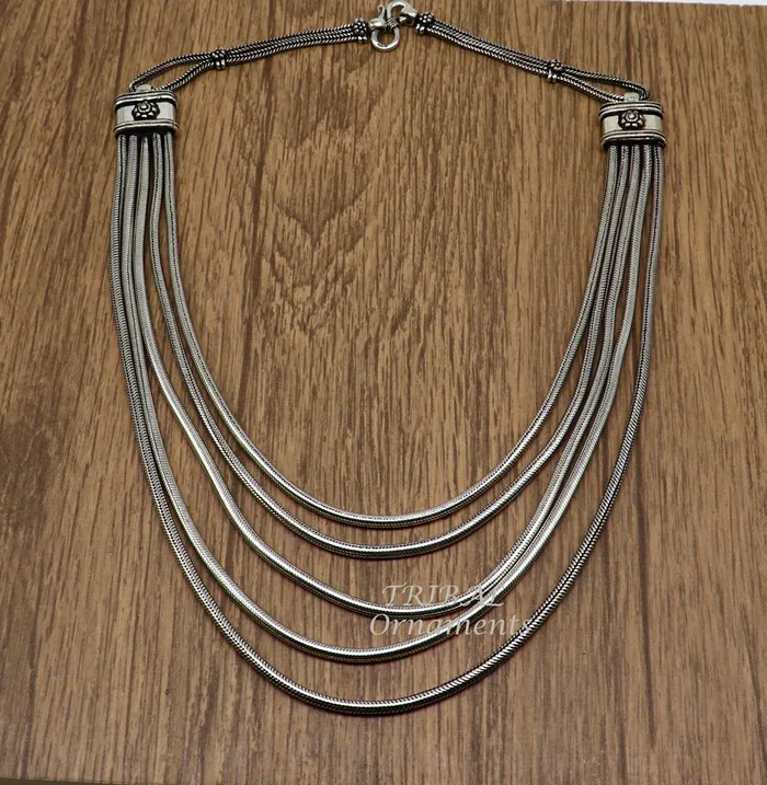 TRIBAL ORNAMENTS Necklaces 925 sterling silver fabulous smooth snake chain five strands multiline necklace jewelry vintage wedding charm layered necklace set517