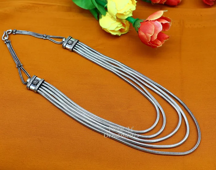 TRIBAL ORNAMENTS Necklaces 925 sterling silver fabulous smooth snake chain five strands multiline necklace jewelry vintage wedding charm layered necklace set517