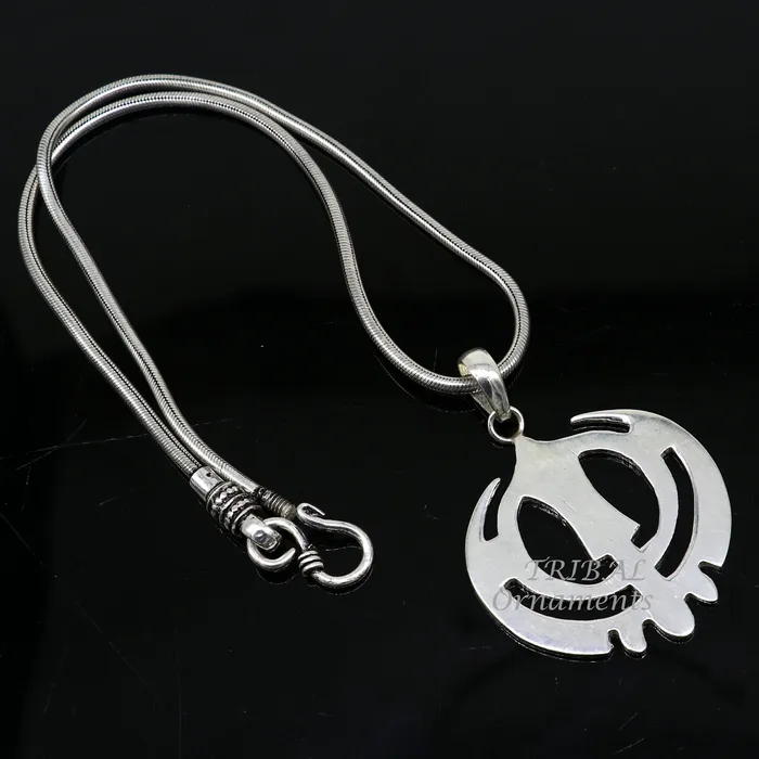 TRIBAL ORNAMENTS Necklaces 925 sterling silver handmade design holy khalsa Waheguru pendant sikha Sardar symbol pendant best blessing pendant from india nsp508