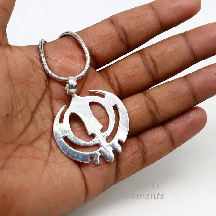 TRIBAL ORNAMENTS Necklaces 925 sterling silver handmade design holy khalsa Waheguru pendant sikha Sardar symbol pendant best blessing pendant from india nsp508