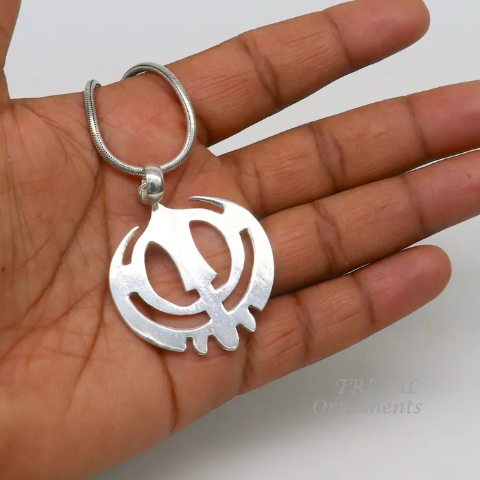 TRIBAL ORNAMENTS Necklaces 925 sterling silver handmade design holy khalsa Waheguru pendant sikha Sardar symbol pendant best blessing pendant from india nsp508
