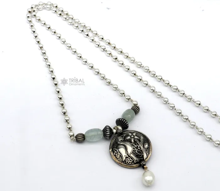 TRIBAL ORNAMENTS Necklaces 925 sterling silver handmade vintage beaded chain necklace amazing peacock pendant with hanging drops ethnic tribal long set jewelry set661