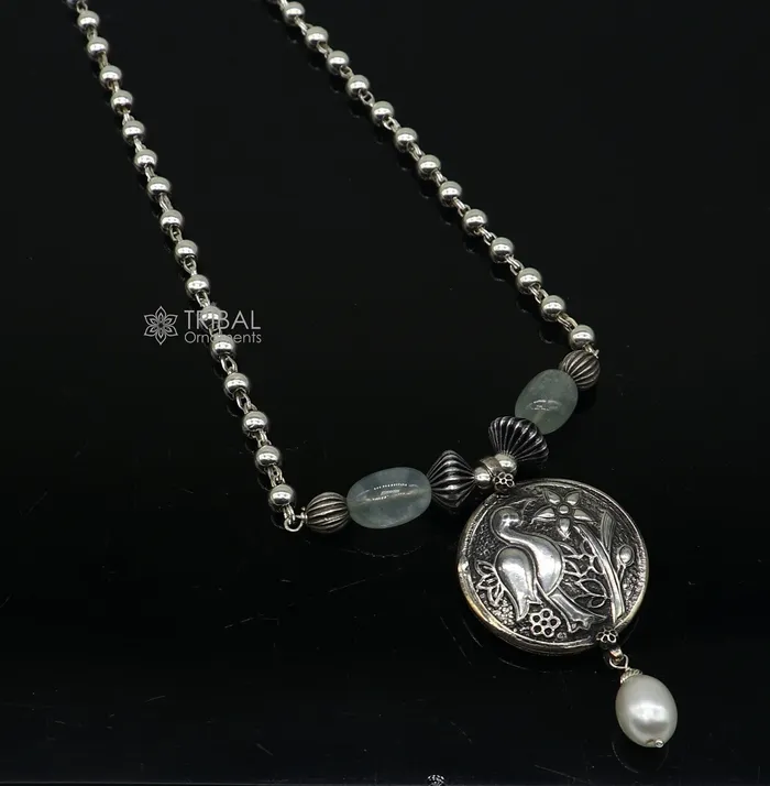 TRIBAL ORNAMENTS Necklaces 925 sterling silver handmade vintage beaded chain necklace amazing peacock pendant with hanging drops ethnic tribal long set jewelry set661