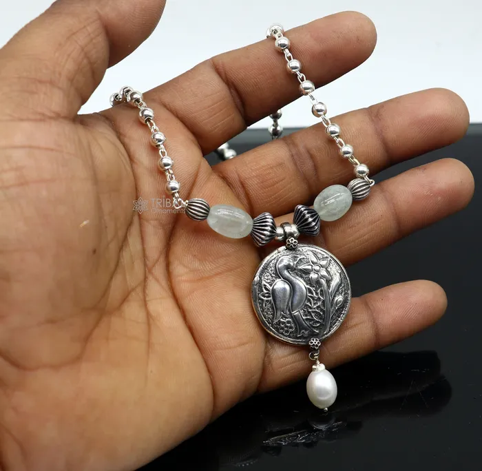 TRIBAL ORNAMENTS Necklaces 925 sterling silver handmade vintage beaded chain necklace amazing peacock pendant with hanging drops ethnic tribal long set jewelry set661
