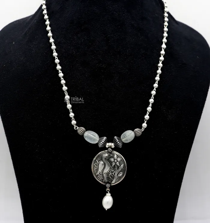 TRIBAL ORNAMENTS Necklaces 925 sterling silver handmade vintage beaded chain necklace amazing peacock pendant with hanging drops ethnic tribal long set jewelry set661
