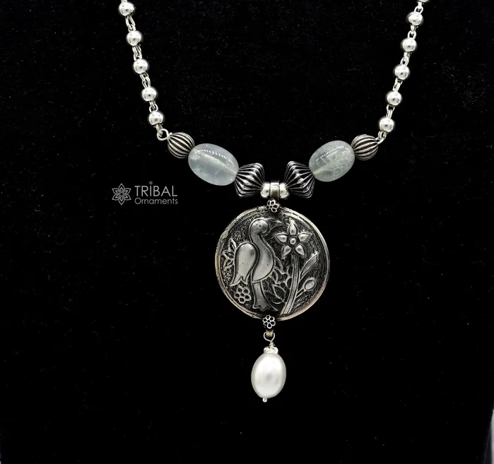 TRIBAL ORNAMENTS Necklaces 925 sterling silver handmade vintage beaded chain necklace amazing peacock pendant with hanging drops ethnic tribal long set jewelry set661
