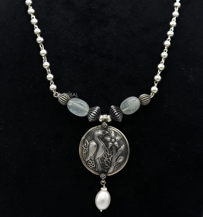 TRIBAL ORNAMENTS Necklaces 925 sterling silver handmade vintage beaded chain necklace amazing peacock pendant with hanging drops ethnic tribal long set jewelry set661