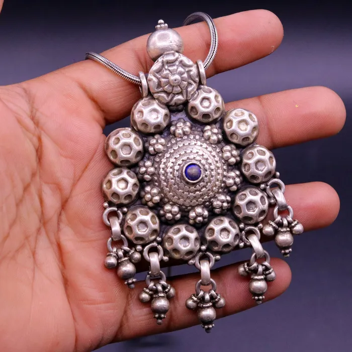TRIBAL ORNAMENTS Necklaces 925 sterling silver handmade vintage football design pendant charm pendantethnic tribal belly dance necklace hanging bells jewelry nsp344