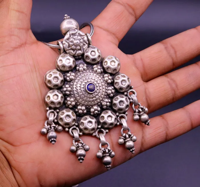 TRIBAL ORNAMENTS Necklaces 925 sterling silver handmade vintage football design pendant charm pendantethnic tribal belly dance necklace hanging bells jewelry nsp344