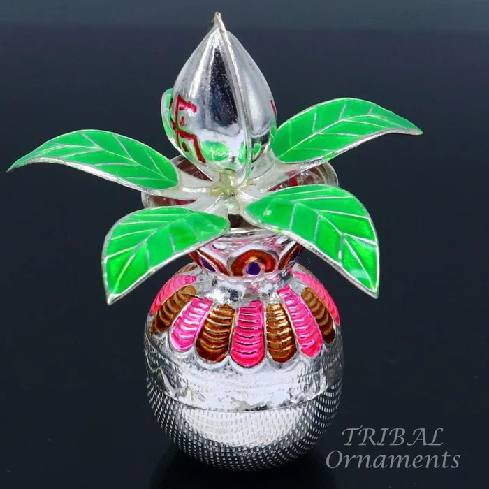 TRIBAL ORNAMENTS Necklaces Gorgeous Sterling silver handmade vintage design puja kalash with silver coconuts and leaf excellent home temple article worshipping su818 TRIBAL ORNAMENTS Necklaces Gorgeous Sterling silver handmade vintage design puja kalash with silver coconuts and leaf excellent home temple article worshipping su818