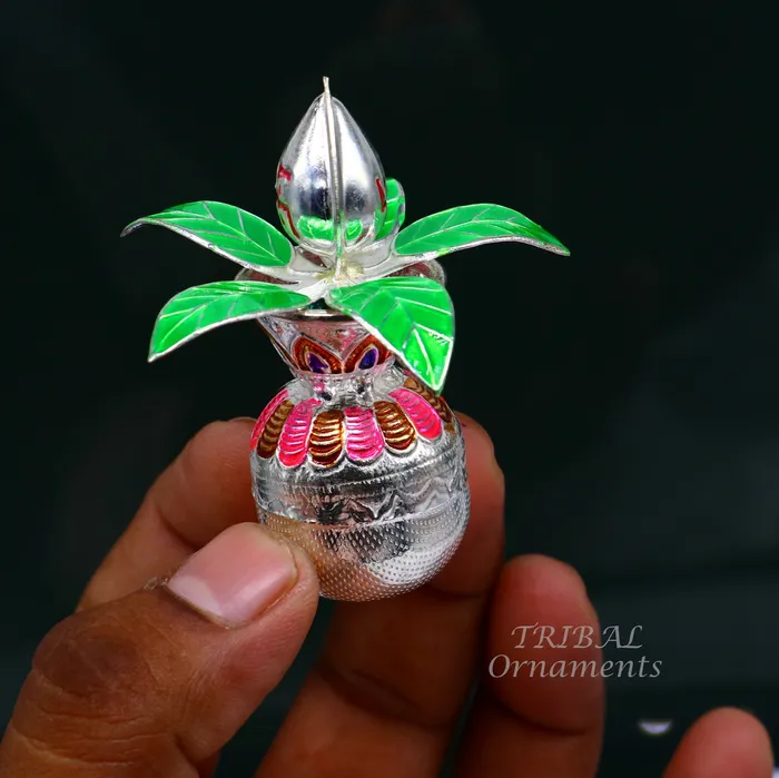 TRIBAL ORNAMENTS Necklaces Gorgeous Sterling silver handmade vintage design puja kalash with silver coconuts and leaf excellent home temple article worshipping su818